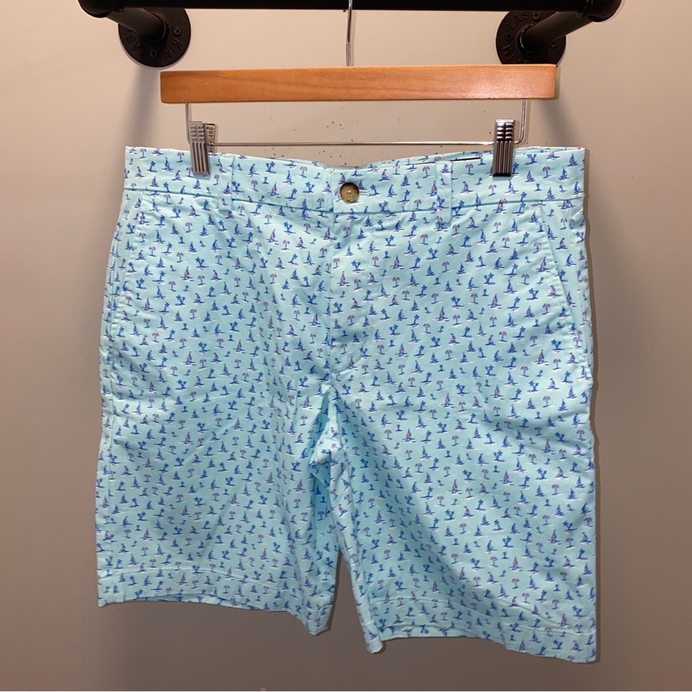 Vineyard Vines Mens Breaker Shorts Sea Splash Blue Palm Tree Boat Size 32 9”